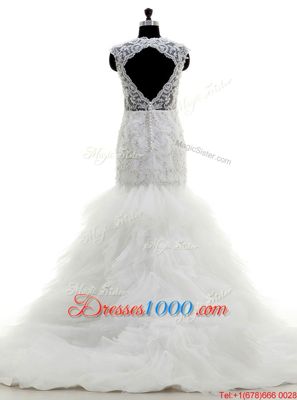 Dynamic Mermaid White Clasp Handle Wedding Gown Beading and Lace and Ruffles Cap Sleeves With Brush Train