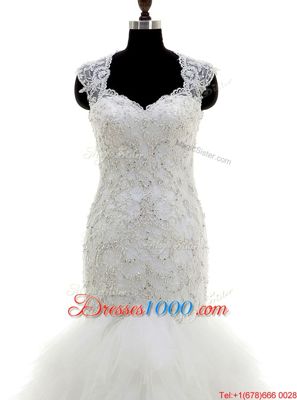 Dynamic Mermaid White Clasp Handle Wedding Gown Beading and Lace and Ruffles Cap Sleeves With Brush Train
