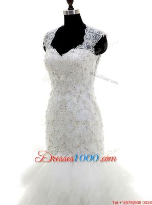 Dynamic Mermaid White Clasp Handle Wedding Gown Beading and Lace and Ruffles Cap Sleeves With Brush Train