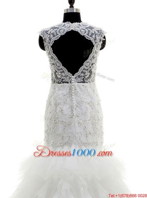 Dynamic Mermaid White Clasp Handle Wedding Gown Beading and Lace and Ruffles Cap Sleeves With Brush Train