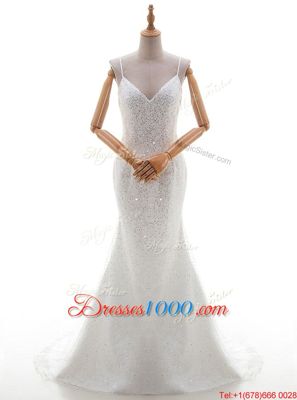 Fantastic White Mermaid Tulle and Sequined Straps Sleeveless Sequins With Train Backless Wedding Dress Brush Train