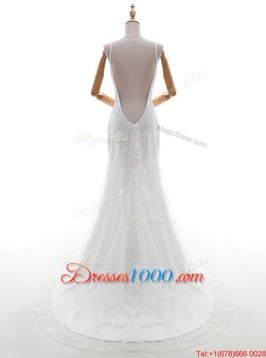 Fantastic White Mermaid Tulle and Sequined Straps Sleeveless Sequins With Train Backless Wedding Dress Brush Train