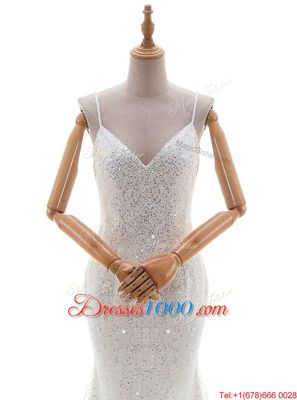 Fantastic White Mermaid Tulle and Sequined Straps Sleeveless Sequins With Train Backless Wedding Dress Brush Train