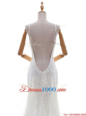Fantastic White Mermaid Tulle and Sequined Straps Sleeveless Sequins With Train Backless Wedding Dress Brush Train