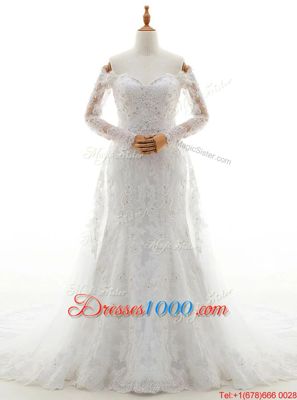Off the Shoulder White Long Sleeves With Train Beading and Lace Lace Up Wedding Dresses