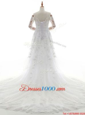 Off the Shoulder White Long Sleeves With Train Beading and Lace Lace Up Wedding Dresses