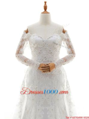 Off the Shoulder White Long Sleeves With Train Beading and Lace Lace Up Wedding Dresses