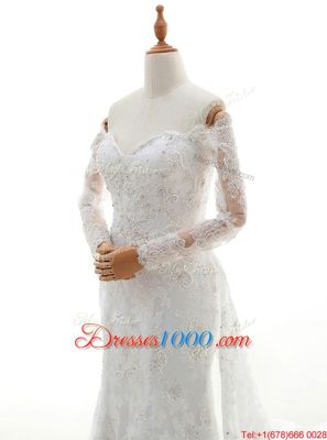 Off the Shoulder White Long Sleeves With Train Beading and Lace Lace Up Wedding Dresses