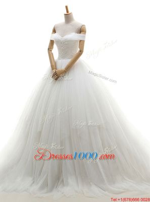 Low Price White A-line Tulle Off The Shoulder Sleeveless Ruching With Train Lace Up Wedding Dresses Chapel Train