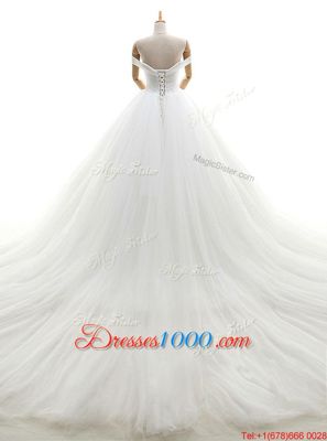 Low Price White A-line Tulle Off The Shoulder Sleeveless Ruching With Train Lace Up Wedding Dresses Chapel Train