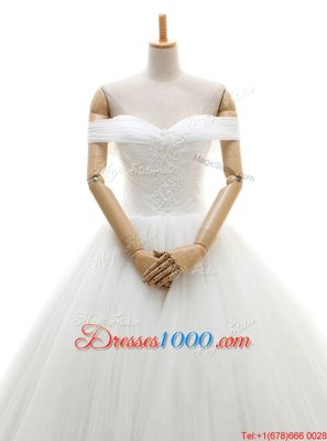 Low Price White A-line Tulle Off The Shoulder Sleeveless Ruching With Train Lace Up Wedding Dresses Chapel Train