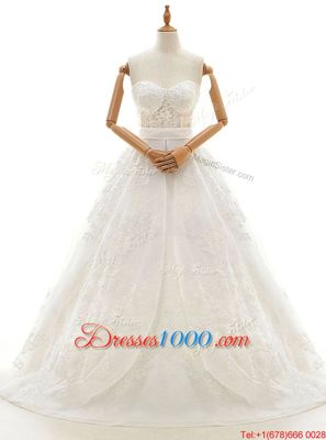 Luxurious Organza Sleeveless With Train Wedding Dresses Court Train and Lace and Appliques and Bowknot