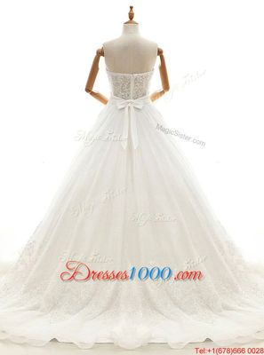 Luxurious Organza Sleeveless With Train Wedding Dresses Court Train and Lace and Appliques and Bowknot