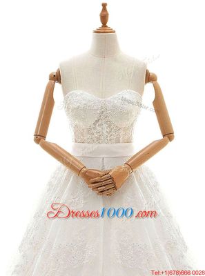 Luxurious Organza Sleeveless With Train Wedding Dresses Court Train and Lace and Appliques and Bowknot
