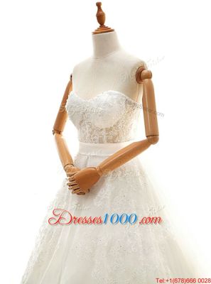 Luxurious Organza Sleeveless With Train Wedding Dresses Court Train and Lace and Appliques and Bowknot