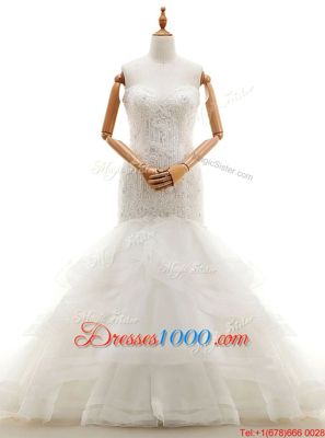Custom Designed White Mermaid Organza Sweetheart Sleeveless Beading and Lace and Ruffled Layers With Train Clasp Handle Bridal Gown Brush Train