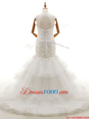Custom Designed White Mermaid Organza Sweetheart Sleeveless Beading and Lace and Ruffled Layers With Train Clasp Handle Bridal Gown Brush Train