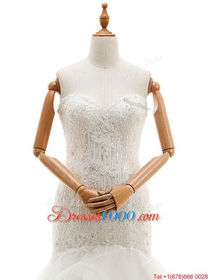 Custom Designed White Mermaid Organza Sweetheart Sleeveless Beading and Lace and Ruffled Layers With Train Clasp Handle Bridal Gown Brush Train
