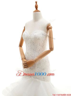 Custom Designed White Mermaid Organza Sweetheart Sleeveless Beading and Lace and Ruffled Layers With Train Clasp Handle Bridal Gown Brush Train