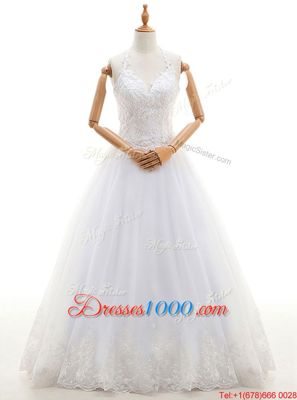 Halter Top Sleeveless Organza Floor Length Lace Up Wedding Dress in White for with Lace and Appliques
