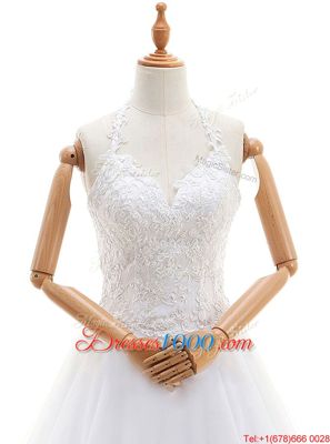 Halter Top Sleeveless Organza Floor Length Lace Up Wedding Dress in White for with Lace and Appliques