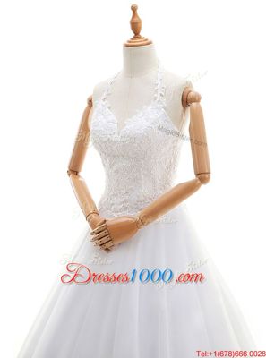 Halter Top Sleeveless Organza Floor Length Lace Up Wedding Dress in White for with Lace and Appliques