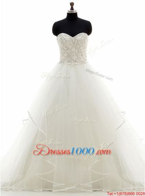 Superior White Sleeveless With Train Beading and Ruffles Lace Up Wedding Gown
