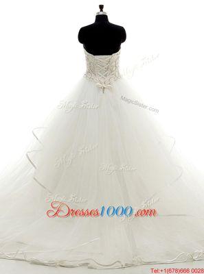 Mermaid Sweetheart Sleeveless Brush Train Lace Up Wedding Dresses White Organza