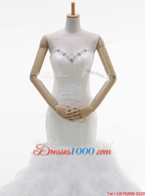 Mermaid Sweetheart Sleeveless Brush Train Lace Up Wedding Dresses White Organza