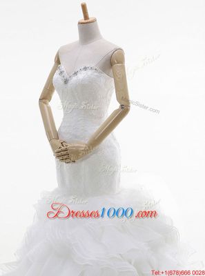 Mermaid Sweetheart Sleeveless Brush Train Lace Up Wedding Dresses White Organza