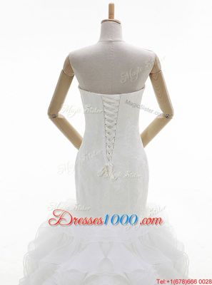 Mermaid Sweetheart Sleeveless Brush Train Lace Up Wedding Dresses White Organza