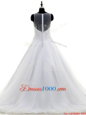 Suitable Scoop Organza Sleeveless With Train Wedding Dresses Sweep Train and Beading