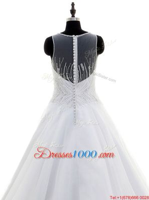 Suitable Scoop Organza Sleeveless With Train Wedding Dresses Sweep Train and Beading