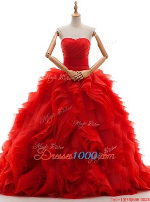 Fantastic Sleeveless Tulle Brush Train Lace Up Wedding Gown in Red for with Ruffles and Ruching