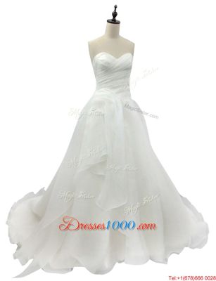 White Organza Zipper Wedding Gown Sleeveless With Brush Train Ruching