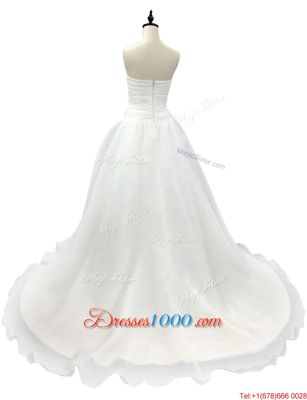 White Organza Zipper Wedding Gown Sleeveless With Brush Train Ruching