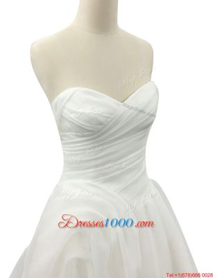 White Organza Zipper Wedding Gown Sleeveless With Brush Train Ruching