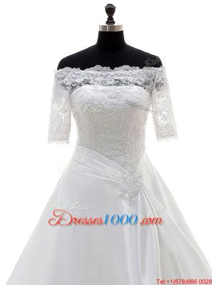 Captivating White Satin Clasp Handle Off The Shoulder Half Sleeves With Train Wedding Gowns Brush Train Lace