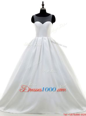 Gorgeous Sweetheart Sleeveless Sweep Train Zipper Wedding Gown White Satin