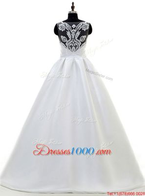 Gorgeous Sweetheart Sleeveless Sweep Train Zipper Wedding Gown White Satin