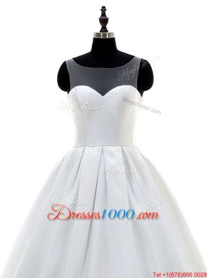 Gorgeous Sweetheart Sleeveless Sweep Train Zipper Wedding Gown White Satin