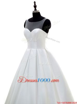 Gorgeous Sweetheart Sleeveless Sweep Train Zipper Wedding Gown White Satin