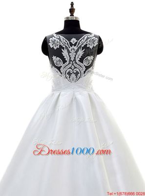 Gorgeous Sweetheart Sleeveless Sweep Train Zipper Wedding Gown White Satin