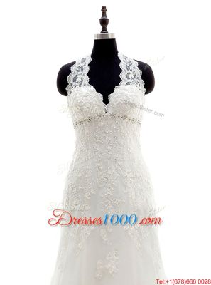 Shining Halter Top White Scalloped Lace Up Lace and Appliques Bridal Gown Brush Train Sleeveless