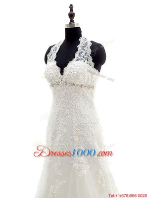 Shining Halter Top White Scalloped Lace Up Lace and Appliques Bridal Gown Brush Train Sleeveless