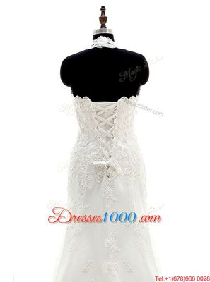 Shining Halter Top White Scalloped Lace Up Lace and Appliques Bridal Gown Brush Train Sleeveless