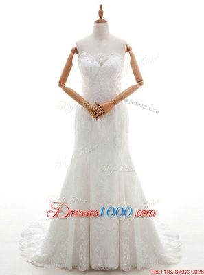 Mermaid Scalloped White Sleeveless Lace Brush Train Lace Up Wedding Dress for Wedding Party