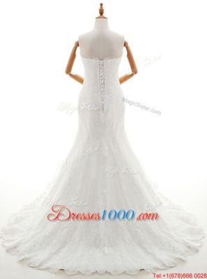 Mermaid Scalloped White Sleeveless Lace Brush Train Lace Up Wedding Dress for Wedding Party