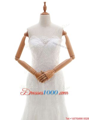 Mermaid Scalloped White Sleeveless Lace Brush Train Lace Up Wedding Dress for Wedding Party