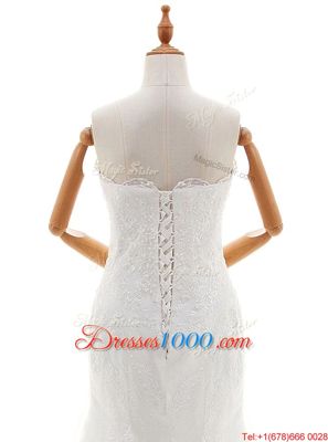 Mermaid Scalloped White Sleeveless Lace Brush Train Lace Up Wedding Dress for Wedding Party